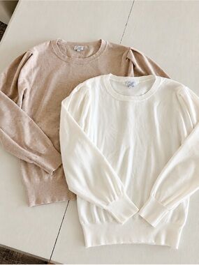 Cielo Sweater Bundle Women’s Size Large Cream & Tan Puff Sleeve Crewneck Tops